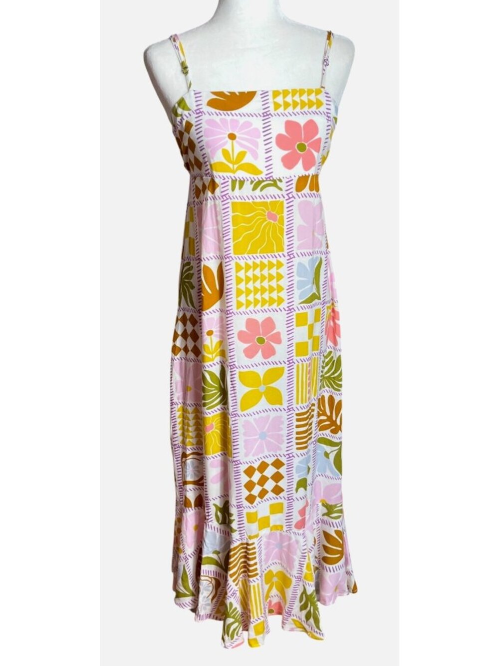 Paper Heart Sundress Patchwork Floral Flutter Ruffle Open Tie Back Maxi Boho S